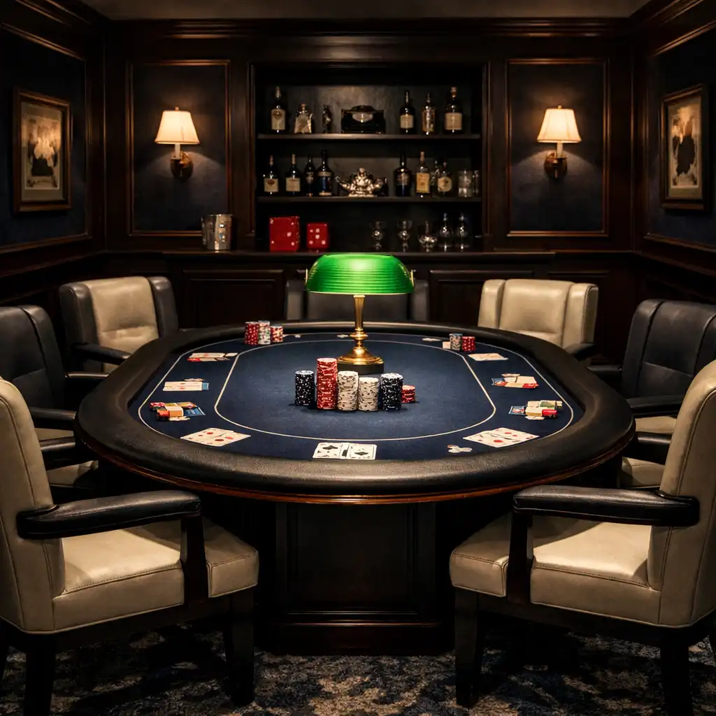 Stilvoller Card Room mit professionellem Poker-Tisch und Ledersesseln