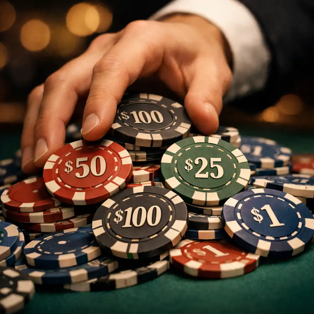 Nahaufnahme eines Stapels Casino-Chips in warmem Licht
