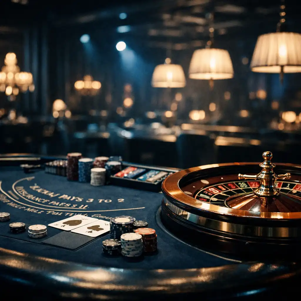 Eleganter Casino-Tisch mit Roulette-Rad und Chips in stimmungsvollem Licht