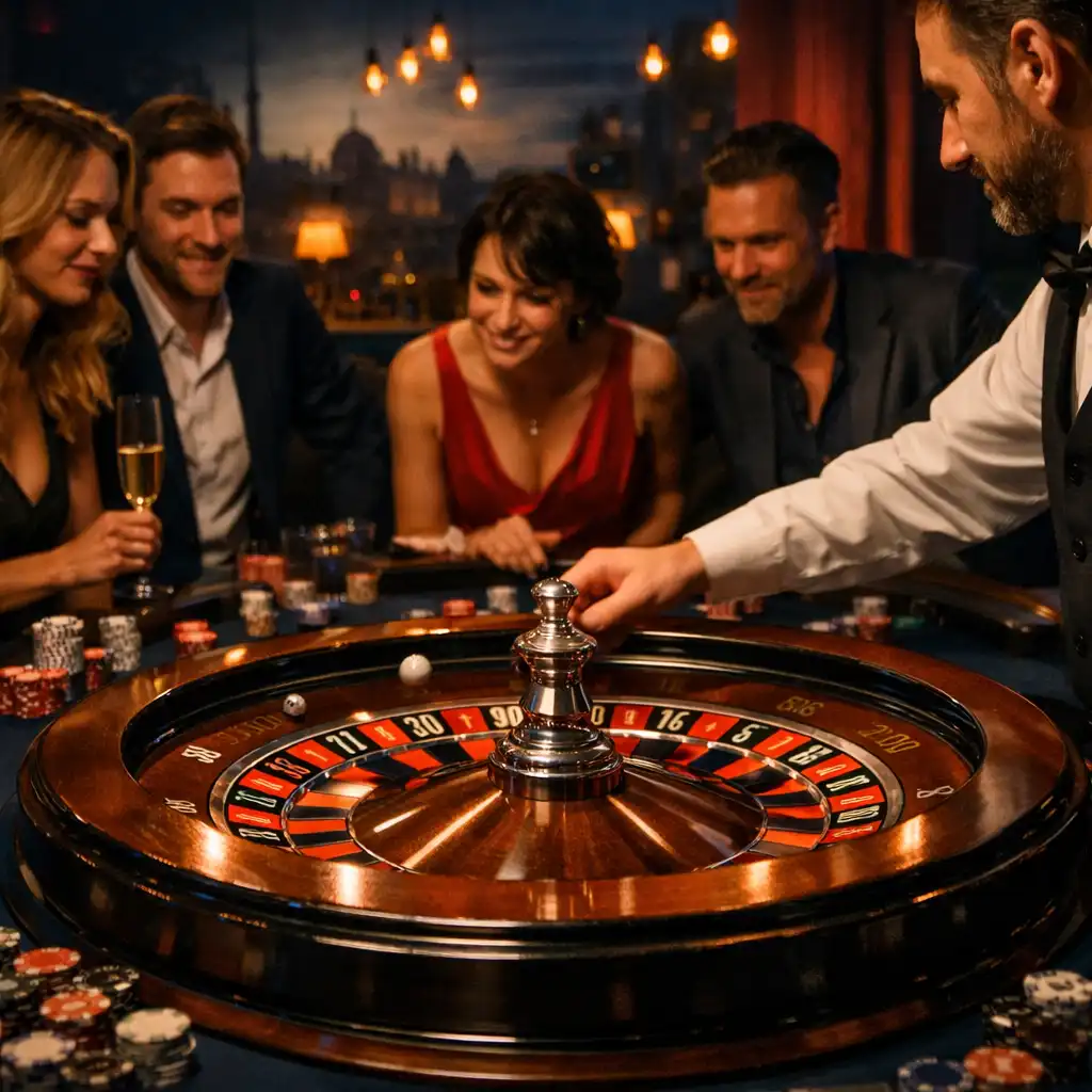 Gäste in eleganter Abendgarderobe an einem Roulettetisch während einer Casino-Nacht in einem Berliner Loft