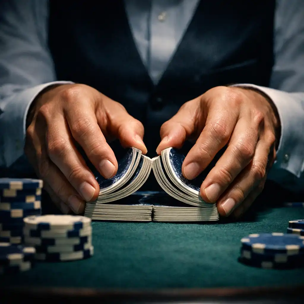 Professioneller Kartengeber am Blackjack-Tisch beim Austeilen der Karten