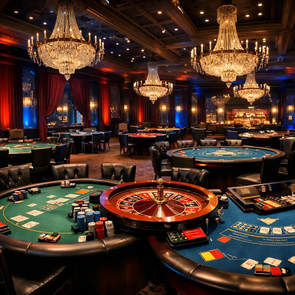 Komplettes Casino-Setup mit mehreren Tischen für Poker, Roulette und Blackjack