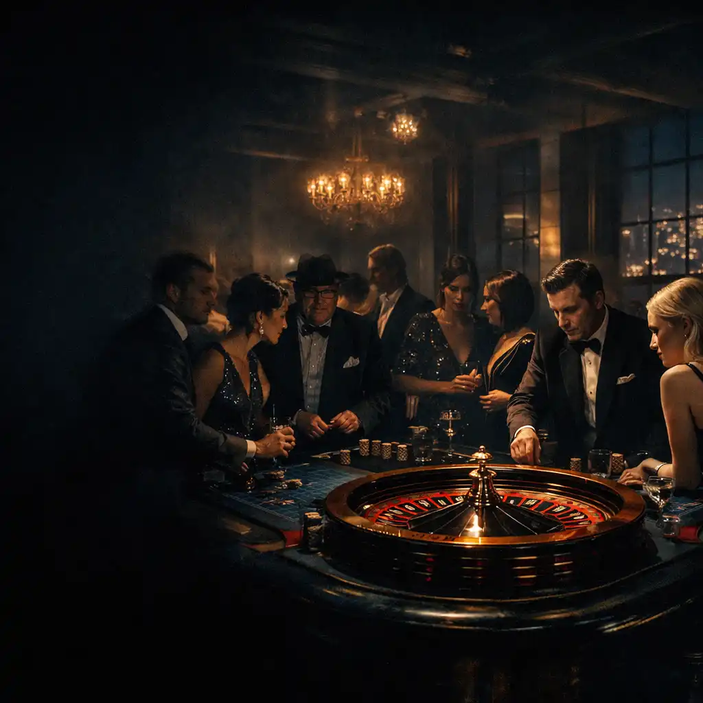 Atmosphärisches Casino-Event in einem Berliner Loft mit Roulette-Tisch und Gästen in Abendgarderobe