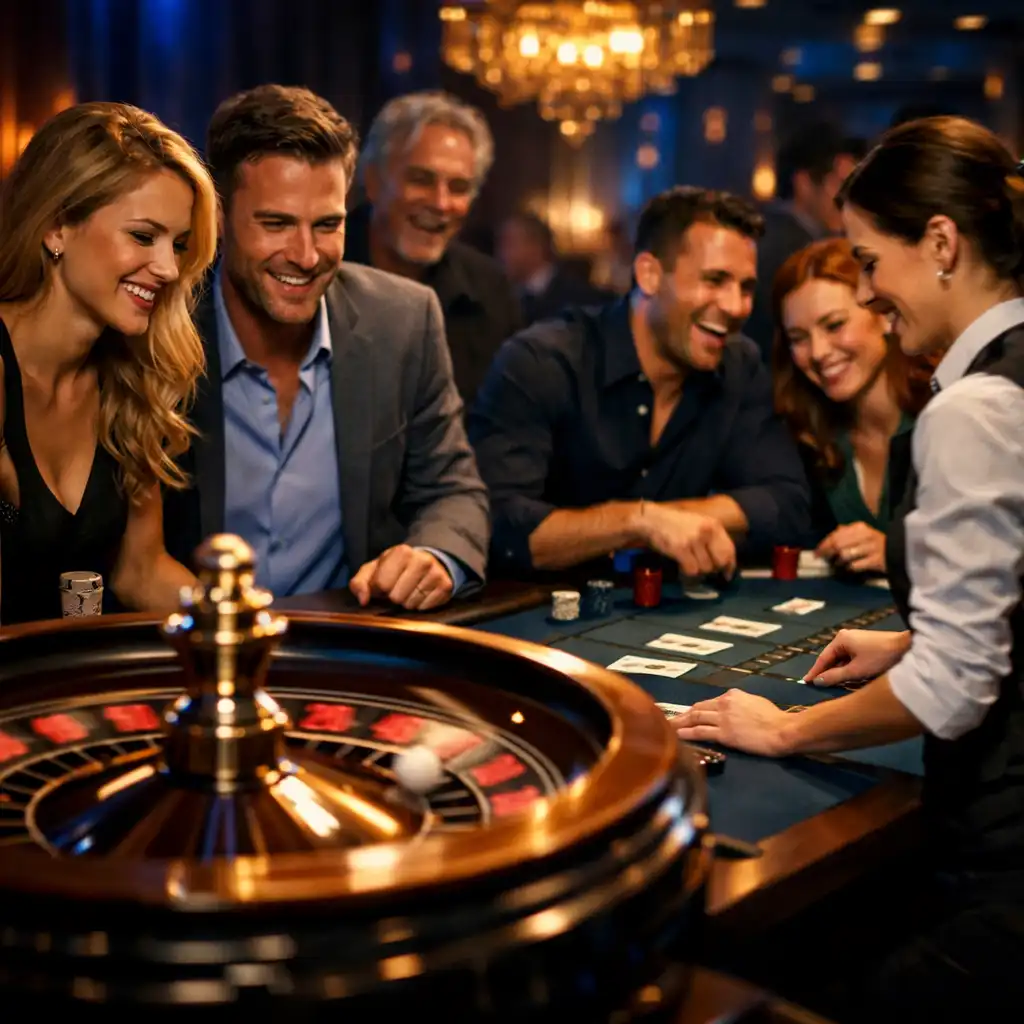 Lebendige Casino Night Szene mit Gästen an Roulette- und Blackjack-Tischen