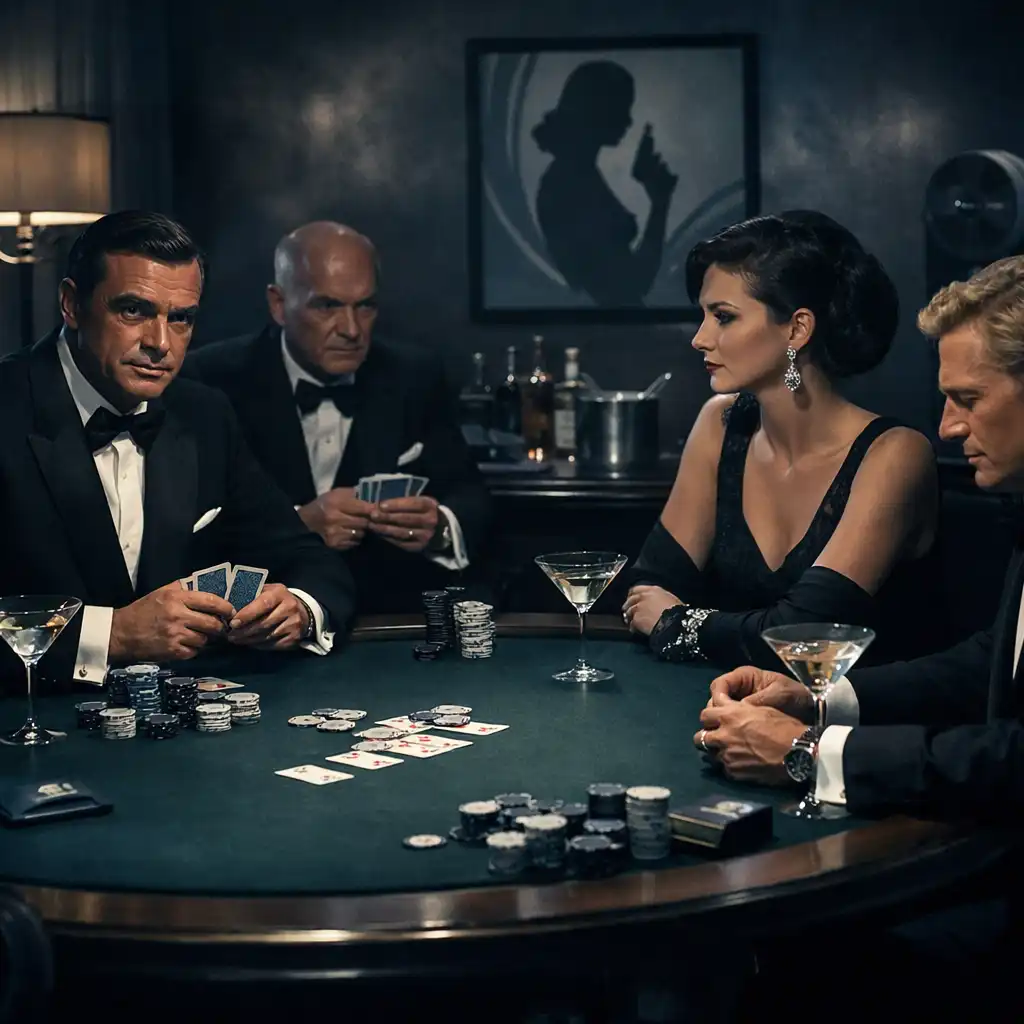 Eleganter Casino Royale Abend mit Spielern im Smoking und Martini-Gläsern