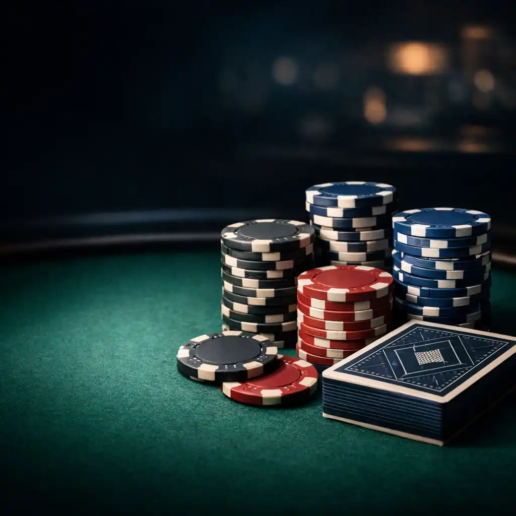 Premium Casino-Tisch mit Spielchips und Karten in stimmungsvollem Licht