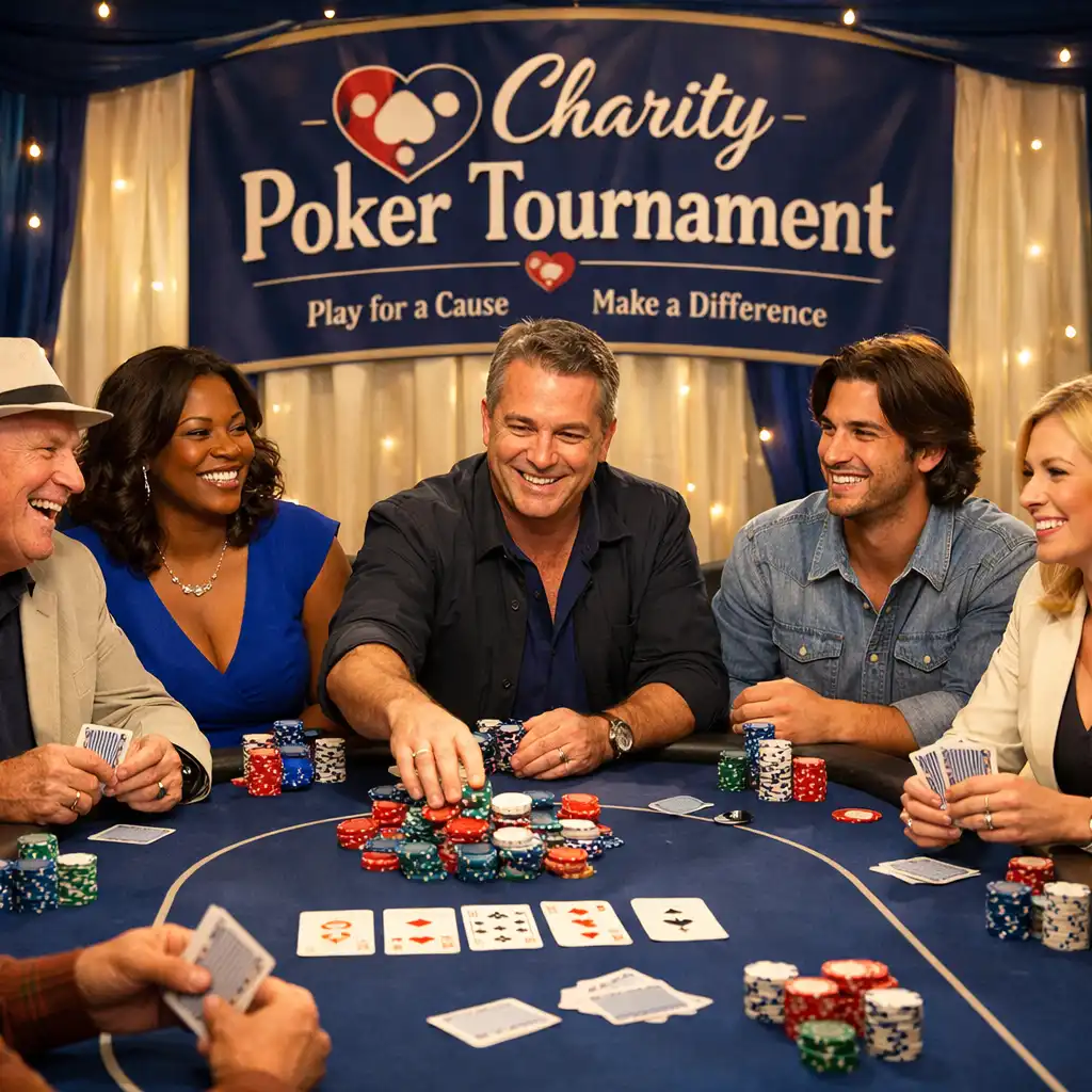 Pokertisch mit Charity-Banner im Hintergrund und lächelnden Teilnehmern