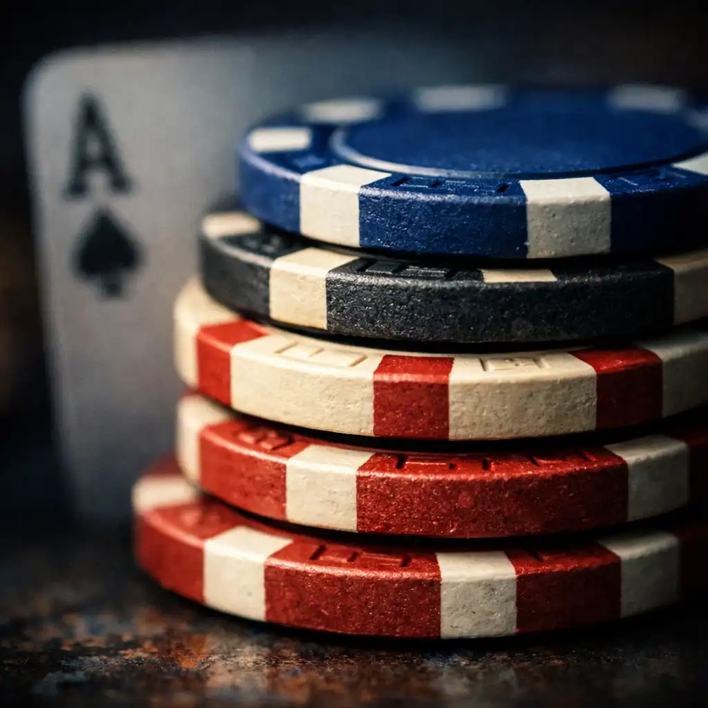 Nahaufnahme von Poker-Chips und einer Spielkarte auf einem Tisch