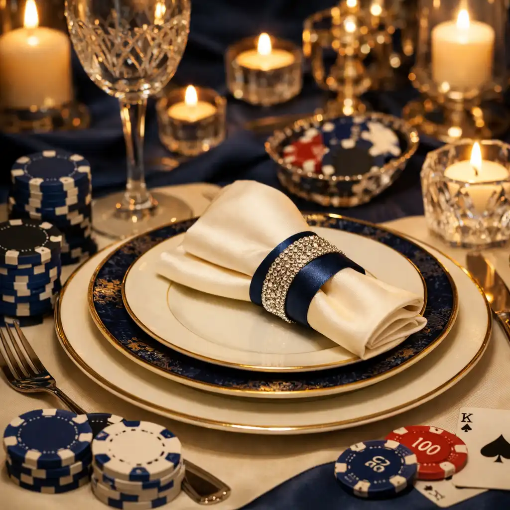Elegant gedeckter Tisch mit feinem Porzellan und Pokerchips als Dekoration