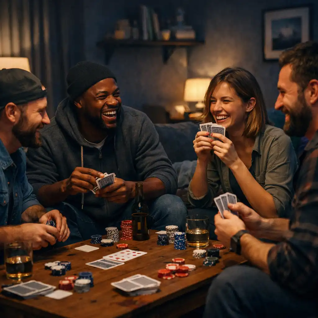 Freunde spielen Poker in gemütlicher Wohnzimmeratmosphäre