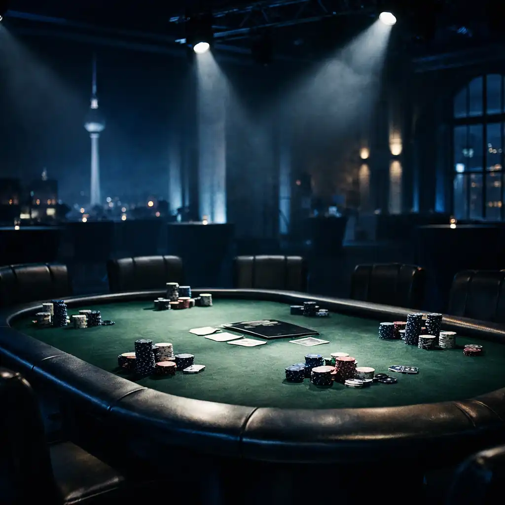 Cinematic Pokertisch in einem Berliner Eventraum mit dramatischer Beleuchtung und Spielchips