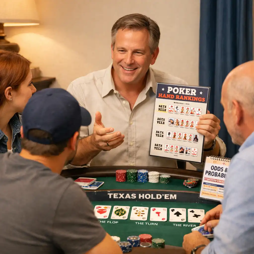 Trainer erklärt einer kleinen Gruppe die Pokerregeln an einem Tisch