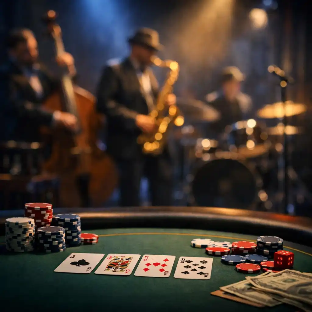 Pokertisch im Vordergrund mit Live-Jazzband im Hintergrund