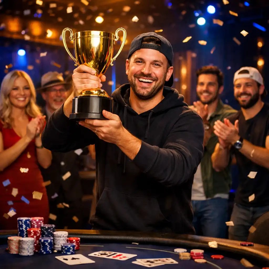 Gewinner erhält eine Trophäe bei einem Poker-Event, Teilnehmer applaudieren