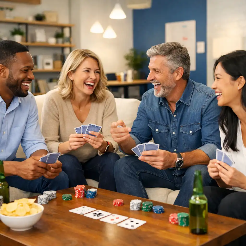 Poker-Turnier als Teambuilding-Event mit Teilnehmern in Business-Kleidung an einem Pokertisch