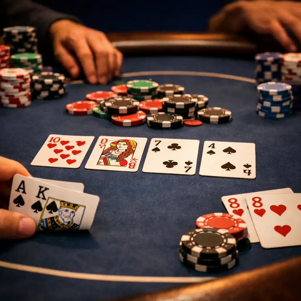 Texas Hold'em Spiel in Nahaufnahme mit Karten und Chips